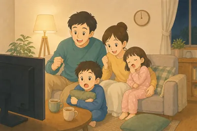 日曜の夜、ランプの灯るリビングで、両親がソファから身を乗り出して驚いた顔でテレビを見つめ、パジャマ姿の男の子がクッションを抱えて目を丸くし、妹が母親にもたれてあくびをしている様子