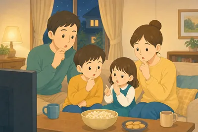 リビングでテレビドラマを見ながら家族で推理・考察する様子