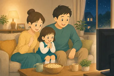 リビングのソファで夜の時間にテレビドラマを一緒に楽しむ家族の様子