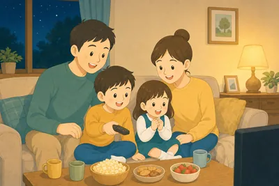 リビングのソファで家族みんなで夜にテレビドラマを楽しむ様子
