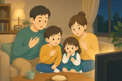 リビングでテレビドラマを見て驚いたり考えたりする家族の様子