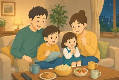リビングのソファで家族みんなでテレビドラマを楽しむ様子