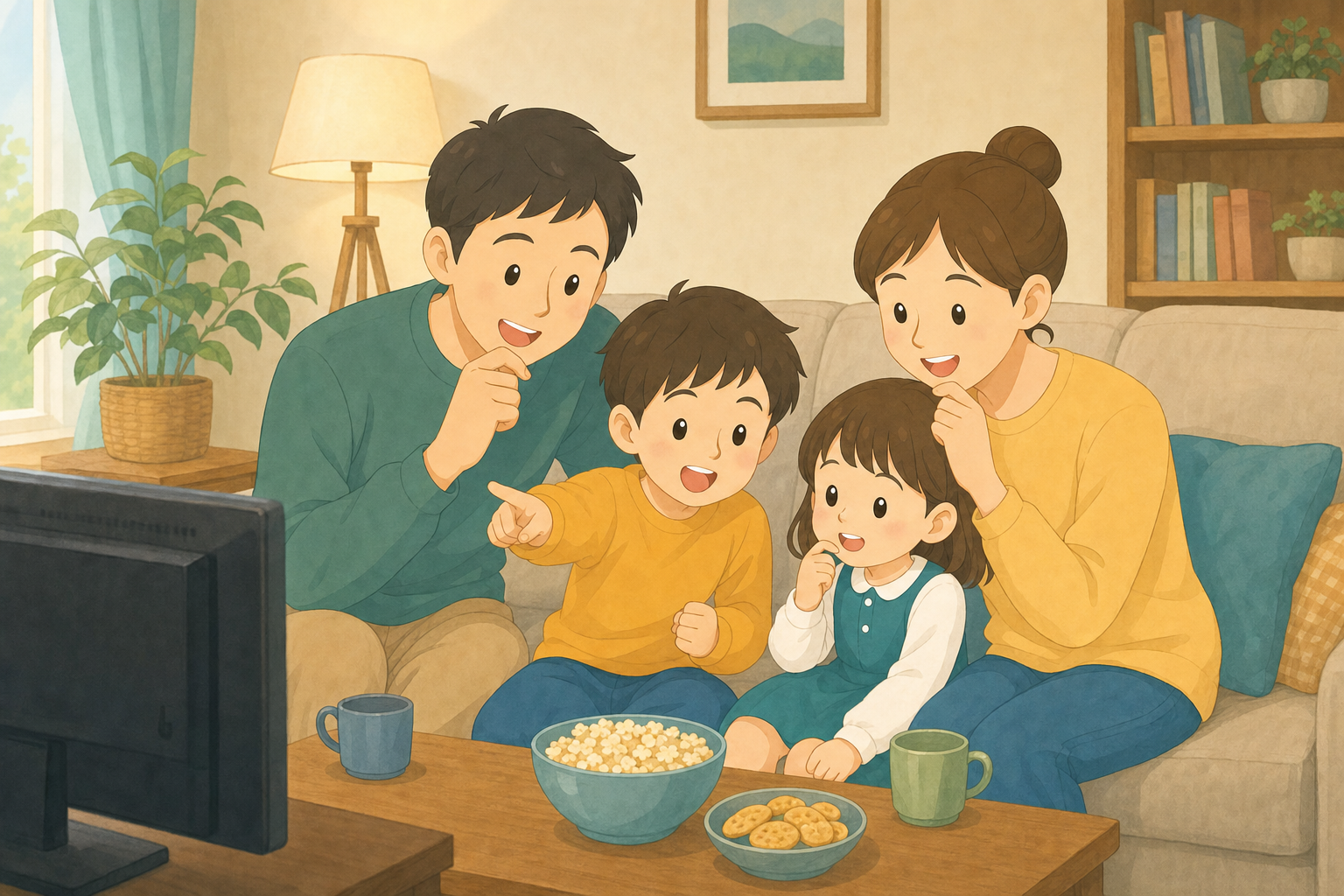 リビングでテレビドラマを見ながら家族で考察を語り合う様子
