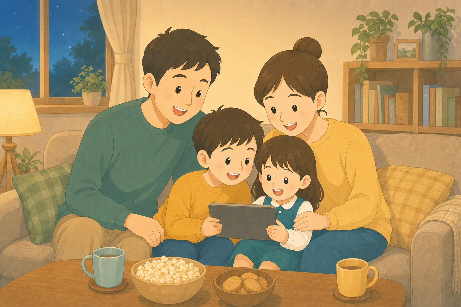 リビングでタブレットやテレビの配信で家族がドラマを楽しむ様子