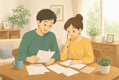 リビングのテーブルで家計について話し合う夫婦の様子