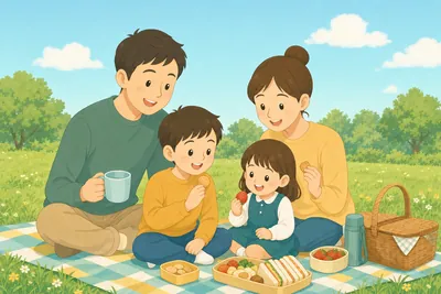 家族で公園にお出かけする様子