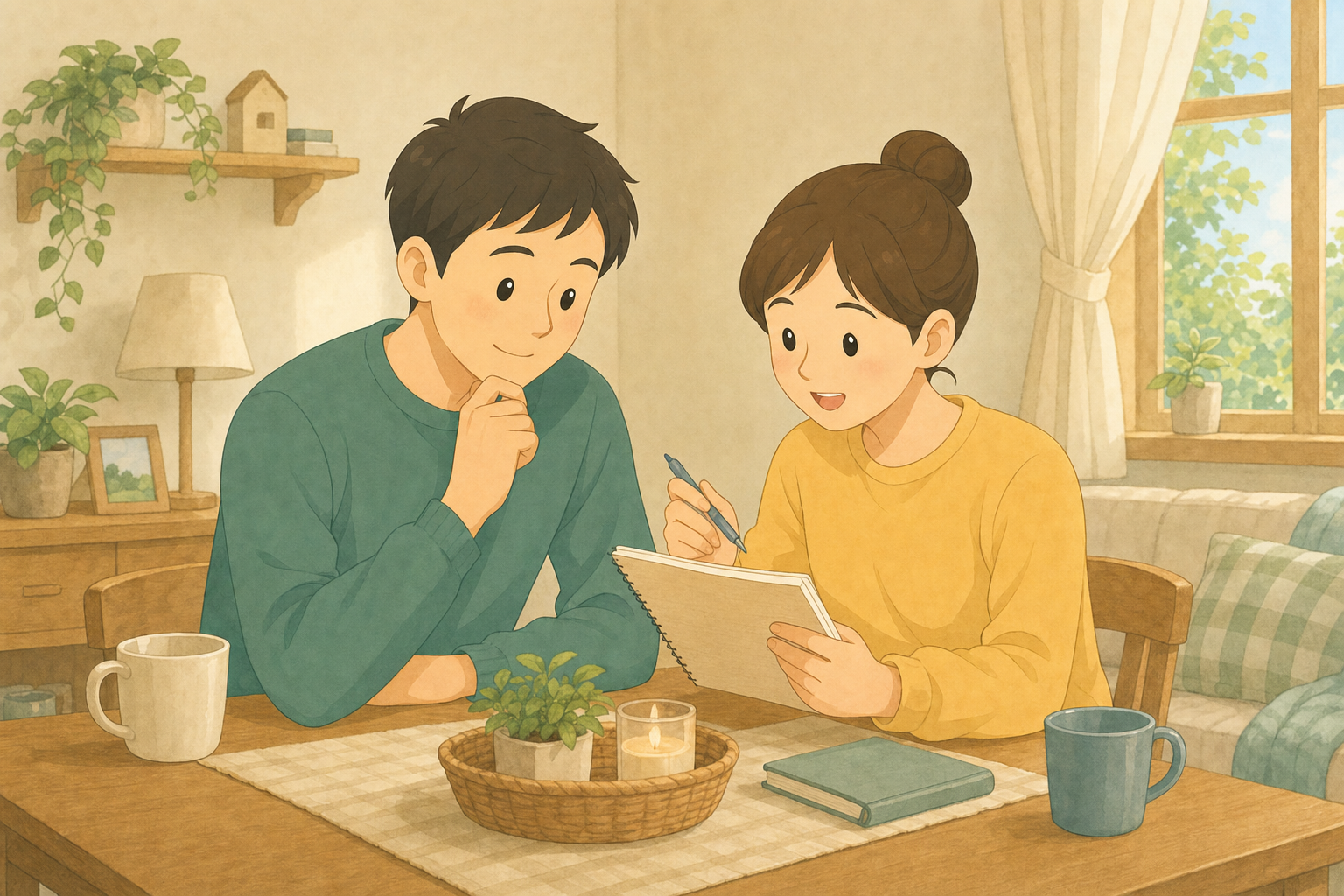 家族で働き方や家計について話し合う様子