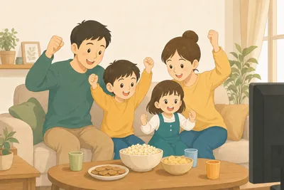 リビングのテレビでサッカーの試合を家族みんなで応援する様子