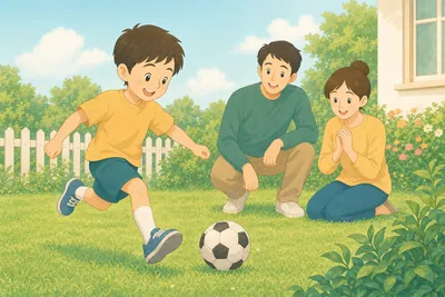 庭でサッカーボールを蹴る子どもと見守る家族の様子