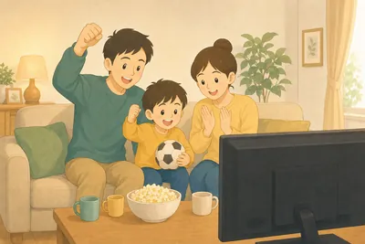 リビングのテレビでサッカーの試合を家族みんなで応援している様子