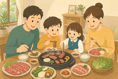 食卓の卓上グリルで家族みんなで焼肉を楽しむ様子
