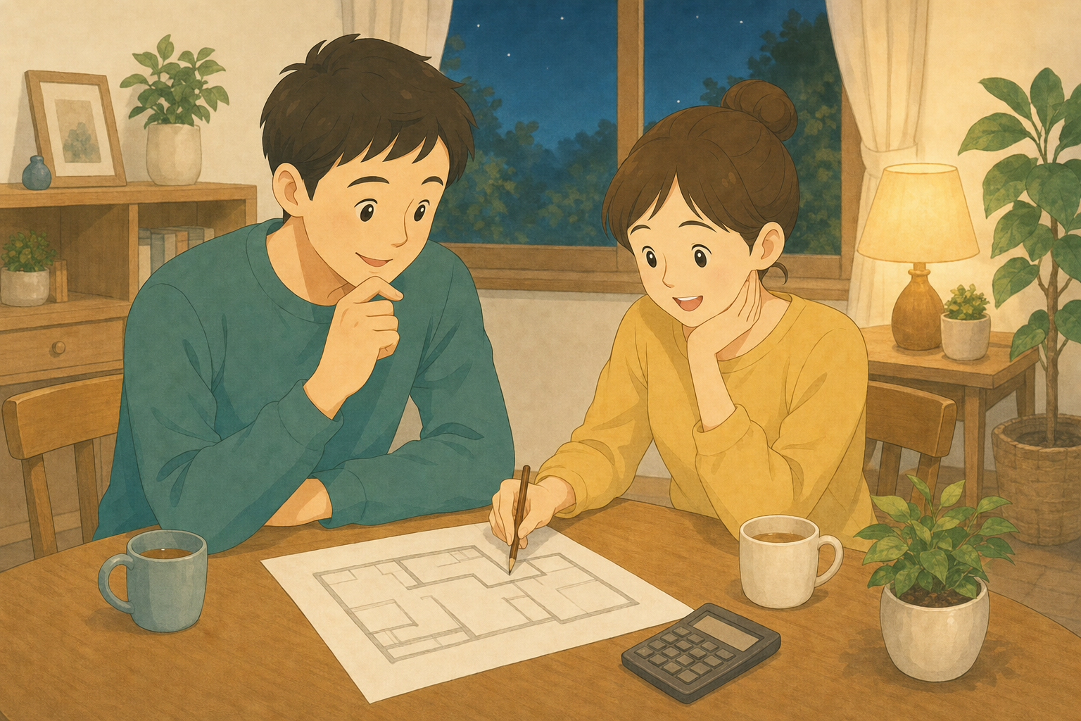 夫婦が夜のリビングで間取り図を見ながら住まいを話し合う様子