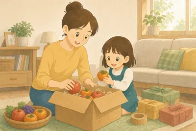 リビングの床で、母親と娘が段ボール箱にりんごや柿を詰めている。そばにはリボンのかかった贈り物の包みと梱包テープが置かれている